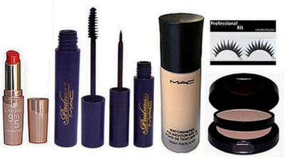 

Professional kit Eyelashes & Match Master Foundation Mac,, ,Lakme 9 TO 5 Lipstick and Padma eyeliner and mascara , Two Way Compact(Set of 6)