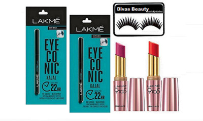 

divas beauty Eyelashes ,LAKME EYECONIC KAJAL & Lakme 9 to 5 Lipstick(Set of 5)