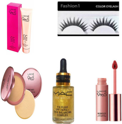 

FASHION 1 combo kit best eyelash 9 t0 5 compact,luquid lipstick ,foundation c c mac fix fluid(Set of 5)