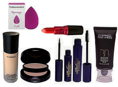 

Professional kit Sponge Puff & Pressed Powder Two Way Compact Mac & Mac Match Master Foundation, Matte Finish Lipstick and Padma eyeliner and mascara & BB Cream(Set of 7)