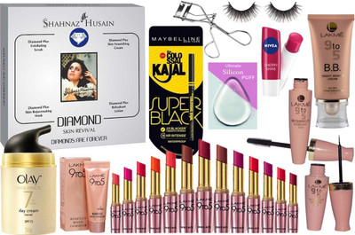 

Ultimate Silicon Puff & With Shahnaz Hussain Diamond Facial kit & Olay Cream,Liquid Eyeliner & Mascara & Super black Kajal & Lip Balm With Eyelashes & Eyelashes Curler,Mousse Foundation,Lipstick 12 Diffrent Shades, BB Cream(Set of 23)