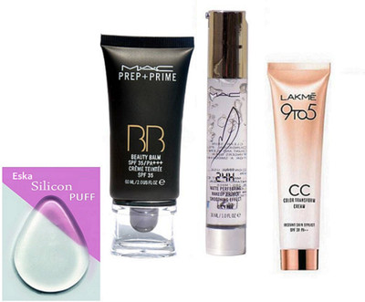 

Eska Silicon Puff , Prep+Prime BB BEauty Balm Cream Foundation , 9 to 5 CC color transform cream & Face Primer(Set of 4)