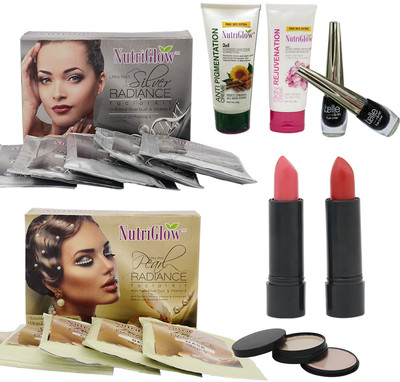 

NutriGlow SET OF FACIAL KITS ( 1 PERAL + 1 SILVER ) + 2 LIPSTICKS + 1 (5-IN-1) COMPACT + 2 EYE LINER + 1 SKIN REJUVENATION CREAM + 1 ANTI PIGMENTATION CREAM(Set of 1)