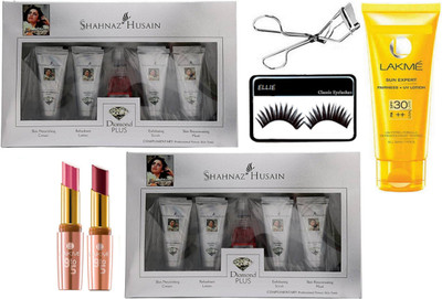 

ELLIE Eyelashes, Shahnaz Husain daimond facial kit pack of 2, lakme sun expert lotion, 9to5 lipstick pack of 2 with eyelashes curler(Set of 7)