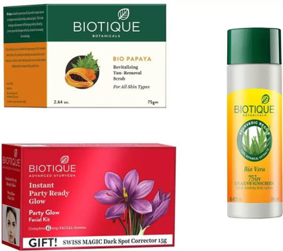 

BIOTIQUE BIO Bio Papaya Revitalizing Tan Removal Scrub, Bio Party Glow Facial Kit, Bio Vera 75 SPF Sunscreen Soothing Body Lotion(Set of 3)
