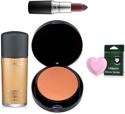 

Ultimate Silicon Puff & Mac Studio Fix Fluid Foundation & 2 Way Compact With Matte Finish Cyber Lipstick(Set of 4)