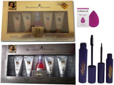 

Professional kit Sponge Puff Shahnaz_Husain Gold and Diamond facial kit & Padma Liner Mascara(Set of 5)