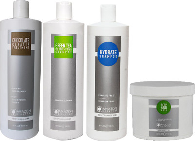 

AMAZON KERATIN Chocolate Keratin Treatment, Green Tea Clarifying Shampoo, Hydrate Shampoo and Deep Hair Mask(Set of 4)