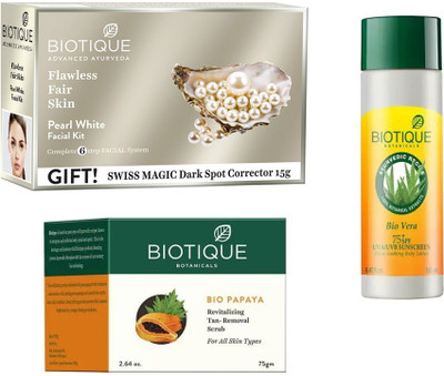 BIOTIQUE BIO Bio Papaya Revitalizing Tan Removal Scrub, Bio Pearl White Facial Kit, Bio Vera 75 SPF Sunscreen Soothing Body Lotion(Set of 3)