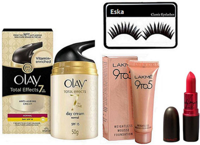 

eska Eyelashes and Olay Total Effect 7 in One Day Cream and 9to5 Mousse foundation and Mac Lady Gaga lipstick(Set of 4)