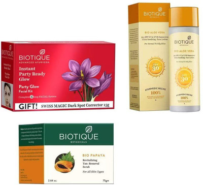 

BIOTIQUE BIO Party Glow Facial Kit, Bio Papaya Revitalizing Tan Removal Scrub, Bio Aloe Vera Ultra Soothing Face Lotion SPF 30 UVA/UVB Sunscreen(Set of 3)