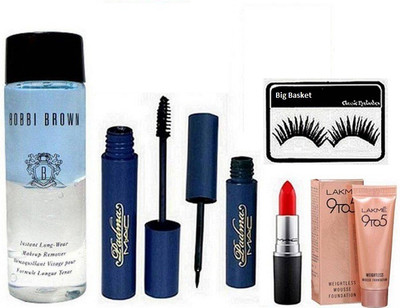 

big Basket Eyelashes , Mac Padma Eyeliner , Mascara Lakme 9 TO 5 Mouse Foundation , Lipstick & Bobbi Brown Makeup Remover(Set of 6)