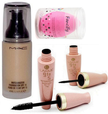 

Fancify Sponge puff & Mac Match master Foundation, Lakme 9 to 5 eyeliner & Mascara(Set of 4)