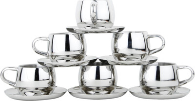

Homeish Double Walled Round Cup & Saucer Set of 6 Stainless Steel(Silver, Pack of 6)