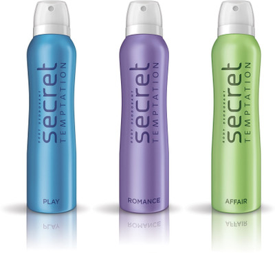 

Secret Temptation Play, Affair & Romance Pack of 3 Deodorant Spray - For Women(450 ml, Pack of 3)
