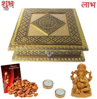 

Maalpani Premium dryfruits Hamper2018 Ganesh Idol and Golden Tealight Candle Holders and Candles chocolate Deepavali Greeting Card. Combo(5)