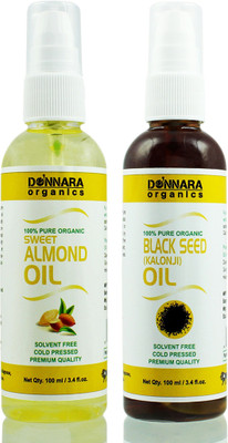 

Donnara Organics 100% Pure Sweet Almond oil and Black seed(Kalonji) oil Combo of 2 Bottles of 100 ml(200 ml) Hair Oil(200 ml)