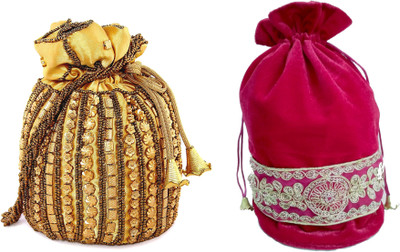 

DsGifts Hand Embroidered Potli Combo with Beadwork For Women Ideal For Wedding, Party and Gifting Purpose, Gold and Magenta Color (Set of 2 Potli) Potli(Multicolor)