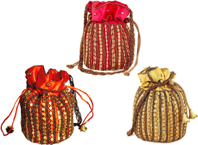 

DsGifts Hand Embroidered Potli Set with Beadwork For Women Ideal For Wedding, Party and Gifting Purpose, Gold Orange and Magenta Color (Set of 3 Potli) Potli(Multicolor)
