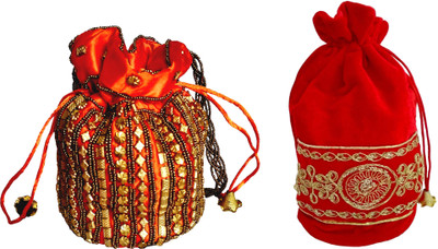 

DsGifts Hand Embroidered Ethnic Potli Combo with Beadwork For Women Ideal For Wedding, Party and Gifting Purpose, Orange and Red Color (Set of 2 Potli) Potli(Orange)