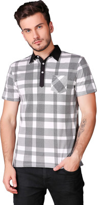 Le Bourgeois Checkered Men Polo Neck White, Black T-Shirt