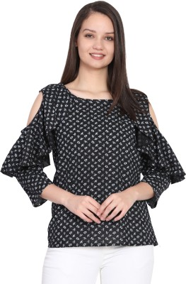 Wiser Casual Cold Shoulder Embroidered Women Black Top