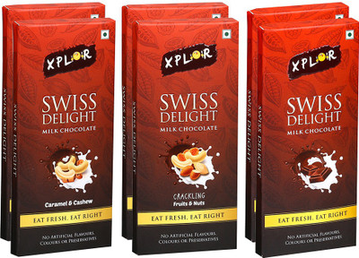 

Xplor Swiss Delight Crackling Fruits & Nuts,2pc + Caramel & Cashew,2pc + Plain,2pc Milk Chocolate (6 Packs of 50 gm Each) Bars(Pack of 6, 300 g)