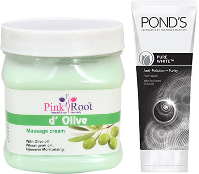 

Pink Root D OLIVE MASSAGE CREAM 500G WITH POND'S PURE WHITE ANTI POLLUTION FACE WASH 50G(Set of 2)