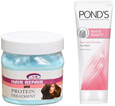 

Pink Root HAIR SPA CREAM 500G WITH POND'S WHITE BEAUTY FACEWASH(Set of 2)