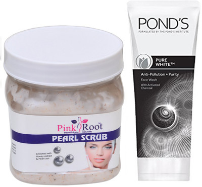

Pink Root PEARL SCRUB 500G WITH POND'S PURE WHITE ANTI POLLUTION FACE WASH 50G(Set of 2)