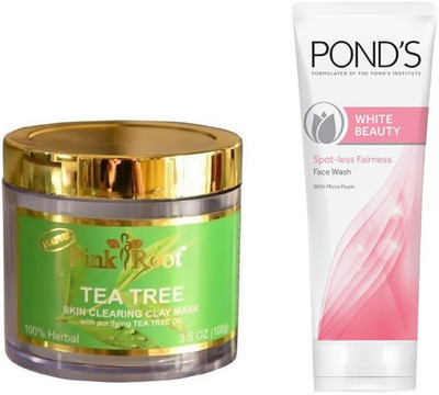 

Pink Root TEA TREE MUD MASK 100G WITH POND'S WHITE BEAUTY FACEWASH(Set of 2)