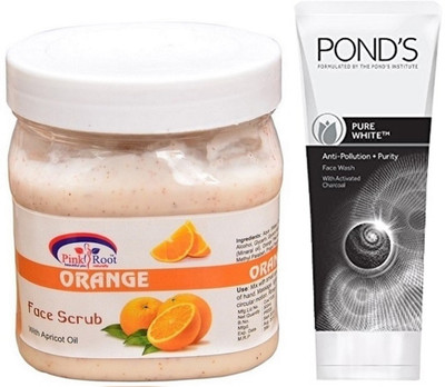 

Pink Root ORANGE SCRUB 500G WITH POND'S PURE WHITE ANTI POLLUTION FACE WASH 50G(Set of 2)