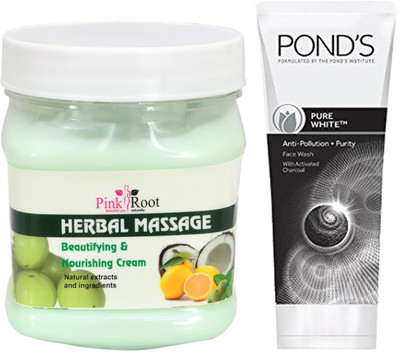 

Pink Root HERBAL MASSAGE CREAM 500G WITH POND'S PURE WHITE ANTI POLLUTION FACE WASH 50G(Set of 2)