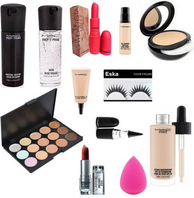 

eska Eyelashes, Studio Waterwight SPF 30 Foundation,Face Sreum, Face primer, Select CoverUp, Compact, Pro longwear Concealer, Lipstick, Stick Kajal, 15 Shade Concealer Pelette, Sponge Puff & Enrich Matte LipstickEyelashes, Waterwight SPF 30 Foundation,Fac