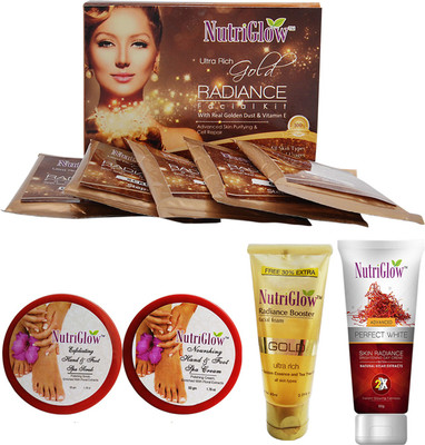 

NutriGlow SET OF 1 GOLD RADIANCE FACIAL KIT + 1 RADIANCE BOOSTER FOAM + 1 PERFECT WHITE RADIANCE CREAM + 1 HAND AND FOOT SPA KIT (1 SCRUB + 1 CREAM)(Set of 1)