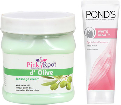 

Pink Root D OLIVE MASSAGE CREAM 500G WITH POND'S WHITE BEAUTY FACEWASH(Set of 2)