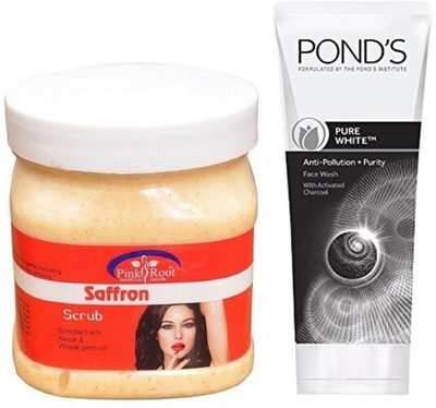 

Pink Root SAFFRON SCRUB 500G WITH POND'S PURE WHITE ANTI POLLUTION FACE WASH 50G(Set of 2)