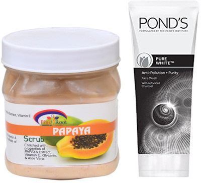 

Pink Root PAPAYA SCRUB 500G WITH POND'S PURE WHITE ANTI POLLUTION FACE WASH 50G(Set of 2)