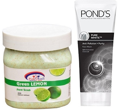 Pink Root GREEN LEMON SCRUB 500G WITH POND'S PURE WHITE ANTI POLLUTION FACE WASH 50G(Set of 2)
