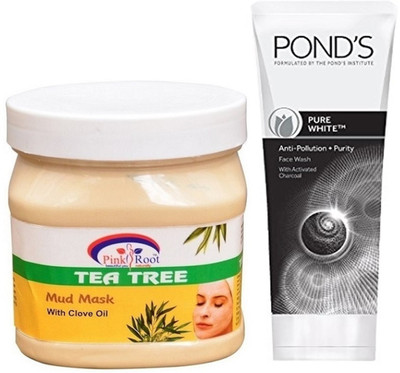 

Pink Root TEA TREE MUD MASK 500G WITH POND'S PURE WHITE ANTI POLLUTION FACE WASH 50G(Set of 2)
