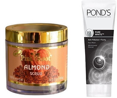 

Pink Root ALMOND SCRUB 100G WITH POND'S PURE WHITE ANTI POLLUTION FACE WASH 50G(Set of 2)