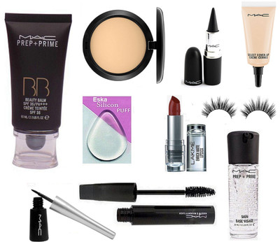 

eska Silicon Puff, Mac Prep-Prime BB Beauty Balm Foundation, Compact, Stick Kajal, Liquid Eyeliner, Haute And Naughty Mascara, Skin Base Visage Primer, Select Cover-Up, Eyelashes & Lakme Enrich Matte Lipstick(Set of 10)