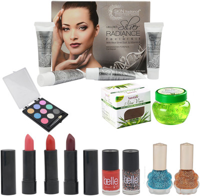

NutriGlow SET OF 1 SKIN RADIANCE SILVER FACIAL KIT + 1 ALOE VERA GEL + 1 EYE SHADOW + 3 LIPSTICKS + 4 BELLE PARIS NAIL PAINTS(Set of 1)