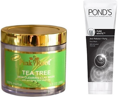 

Pink Root TEA TREE MUD MASK 100G WITH POND'S PURE WHITE ANTI POLLUTION FACE WASH 50G(Set of 2)