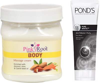 

Pink Root BODY MASSAGE CREAM 500G WITH POND'S PURE WHITE ANTI POLLUTION FACE WASH 50G(Set of 2)