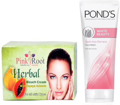 

Pink Root HERBAL BLEACH CREAM 250G WITH POND'S WHITE BEAUTY FACEWASH(Set of 2)