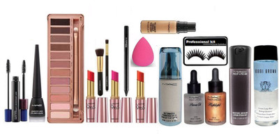 

Professional kit Eyelashes Mac Liquid Eyeliner,Haute & Naughty Mascara,Makeup Brush(Pack Of 2),Matchmaster Foundation,Pro Longwear Concealer,Prep+Prime Face Primer,Highlight,Moisture Infusion Face Serum Hydratant,Bobbi Brown Makeup Remover,Pencil Kajal,Ur