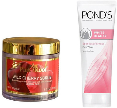 

Pink Root WILDCHERRY SCRUB 100G WITH POND'S WHITE BEAUTY FACEWASH(Set of 2)