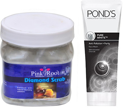 

Pink Root DIAMOND SCRUB 500G WITH POND'S PURE WHITE ANTI POLLUTION FACE WASH 50G(Set of 2)
