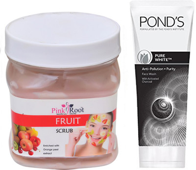

Pink Root FRUIT SCRUB 500G WITH POND'S PURE WHITE ANTI POLLUTION FACE WASH 50G(Set of 2)